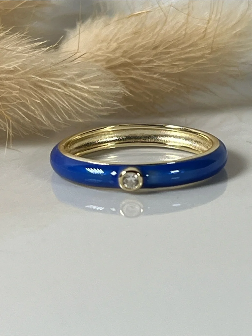 Gold Plated 925 Sterling Silver Cobalt Blue Enamel Ring Cubic Zirconia Size 8